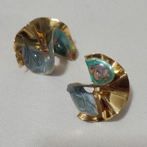 Elegant Gold and Green Swirl Clip On Earrings